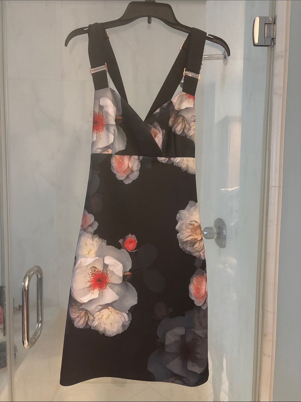 Ted Baker Black Floral Mini Dress with Pink and Cream Blooms